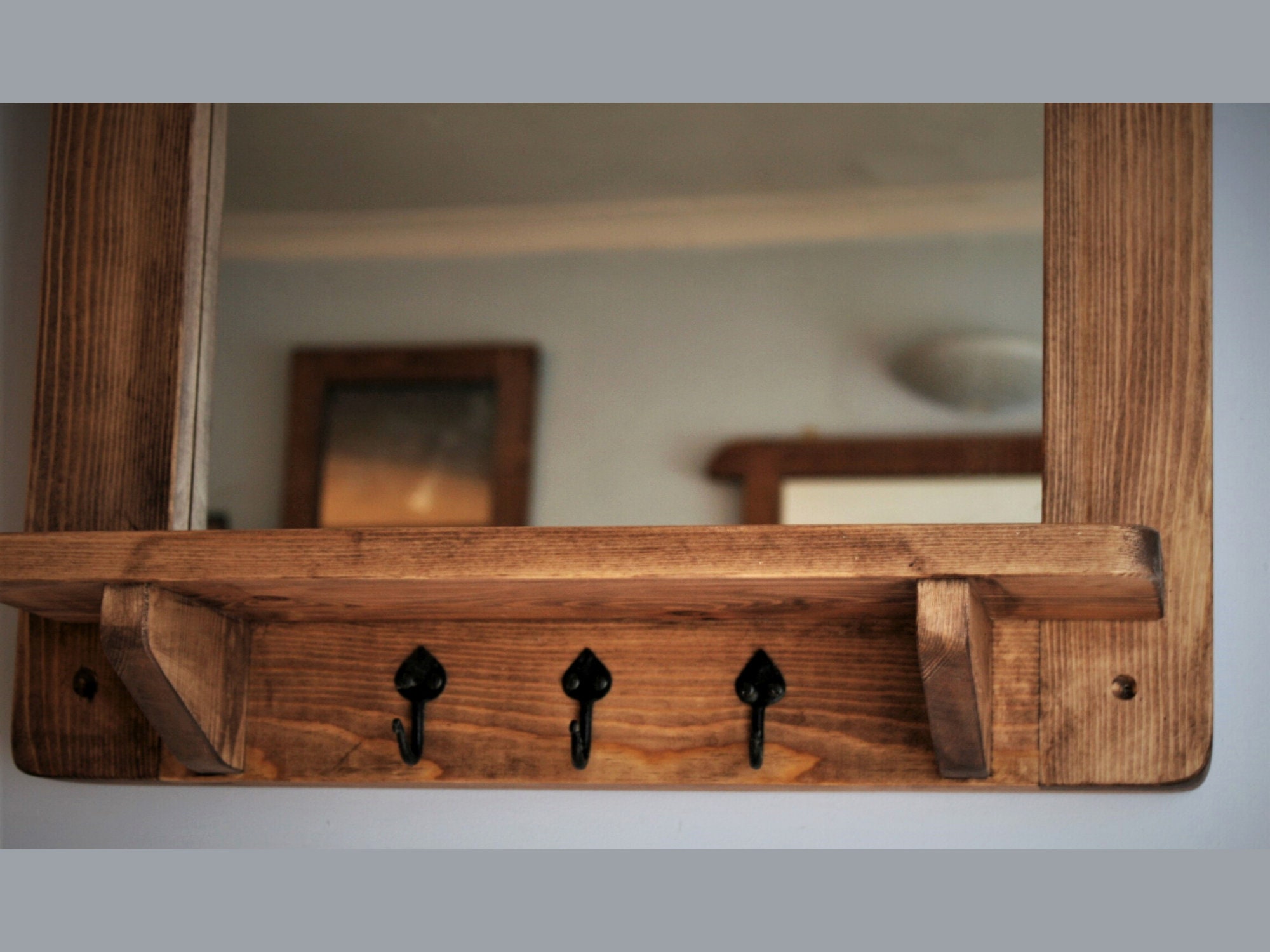Wooden Mirror With Shelf & 3 Cast Iron Key Coat Hooks 76H X Etsy