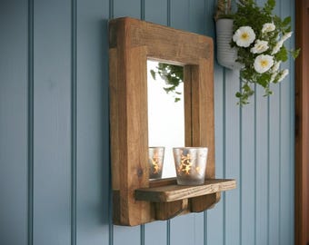 wooden wall mirror with shelf, sustainable natural wood, thick & chunky dark wood candle shelf, modern rustic custom handmade in Somerset UK