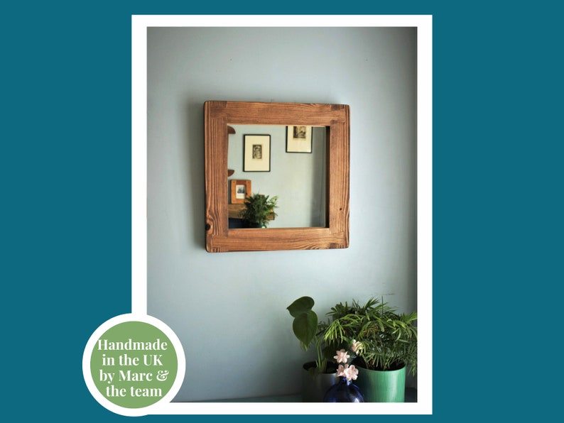 square wall mirror with thick frame in natural rustic wood, small hallway, bathroom, bedroom, industrial, farmhouse style from Somerset UK image 4