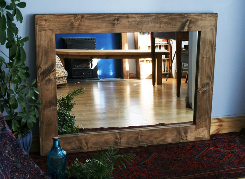 Large Wooden Wall Mirror Chunky Natural Rustic Wood Frame 120 Etsy UK