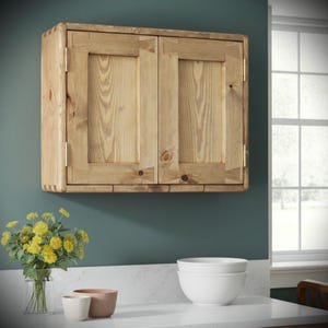 Short wooden kitchen cabinet & wall cupboard with 2 wooden doors, 2 shelves, natural wood, rustic farmhouse, custom handmade, Somerset UK