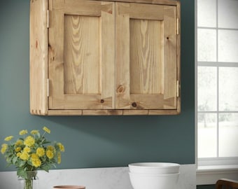 Short wooden kitchen cabinet & wall cupboard with 2 wooden doors, 2 shelves, natural wood, rustic farmhouse, custom handmade, Somerset UK