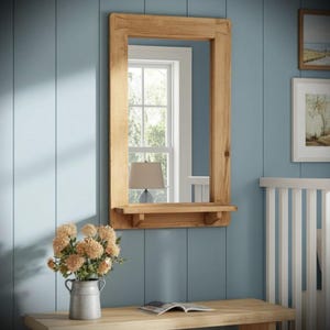 large wooden mirror with shelf, rustic hallway, bathroom and salon bedroom dressing mirror with candle shelf, custom handmade in Somerset UK image 7