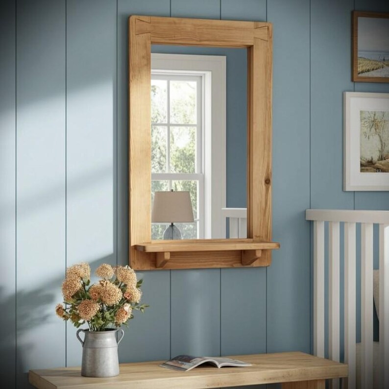 large wooden mirror with shelf, rustic hallway, bathroom and salon bedroom dressing mirror with candle shelf, custom handmade in Somerset UK image 7