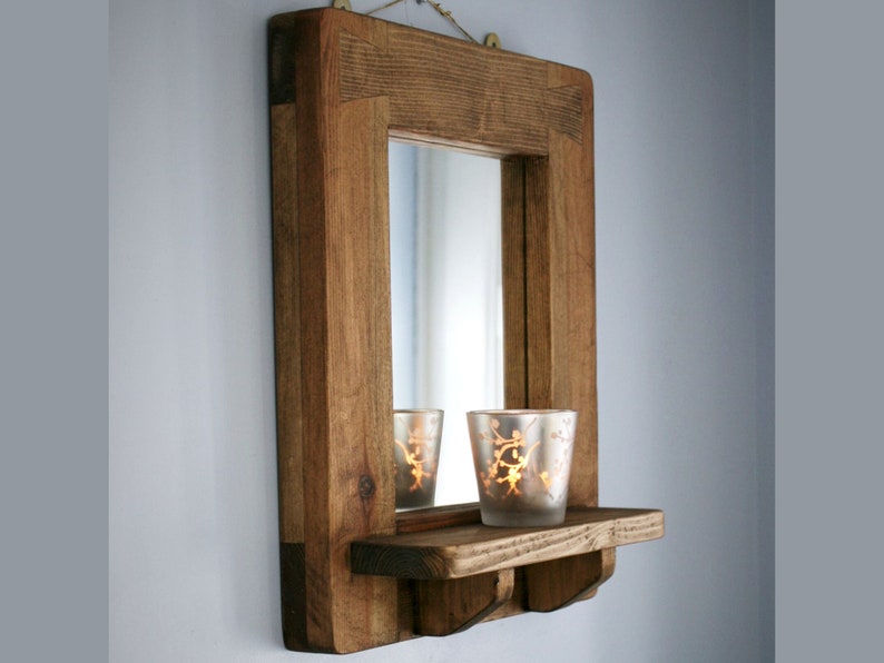 wooden wall mirror with shelf sustainable natural wood thick image 1