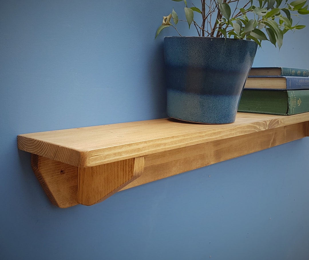 Long Wooden Wall Shelf, Natural Chunky Mantel, Single Bookshelf 114cm L
