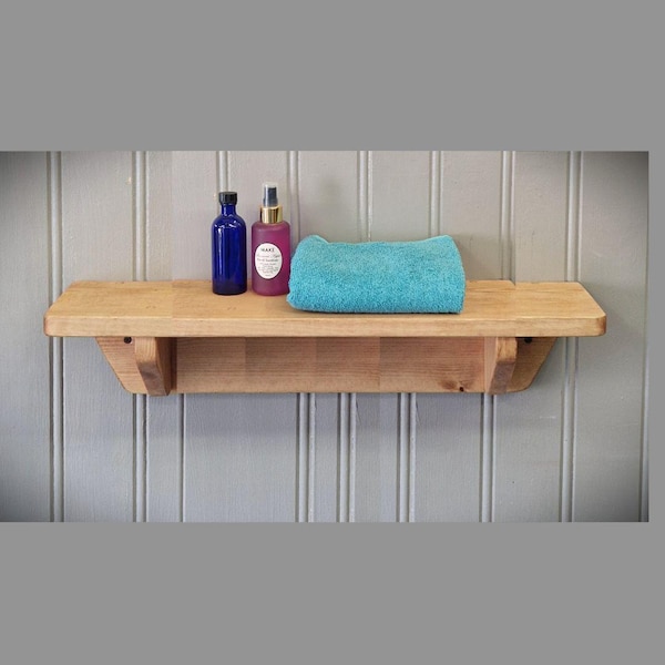 bathroom wall shelf, natural wood, over sink, make up, 62 cm long x 15 cm deep, industrial, rustic farmhouse, custom handmade in Somerset UK