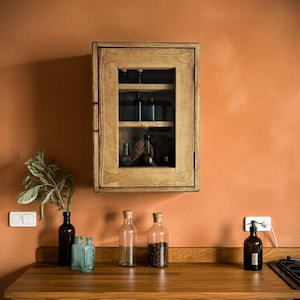 kitchen wall cabinet and slim storage cupboard in natural wood, with 3 shelves, single door, rustic dark wood, cottage style, Somerset UK image 8