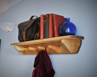 Wooden coat rack shelf with 4 to 6 peg coat key hooks, minimalist industrial hallway book shelf, rustic natural wood handmade in Somerset UK