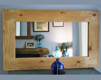 Wooden wall mirror with natural rustic chunky pale frame, for hallway, living room, bathroom, large 100 x 60 cm, custom handmade Somerset UK