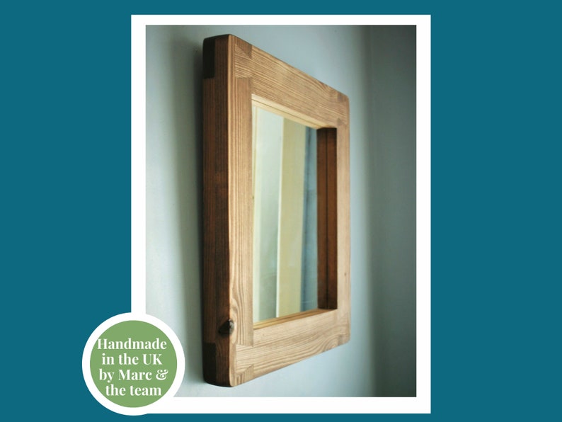square wall mirror with thick frame in natural rustic wood, small hallway, bathroom, bedroom, industrial, farmhouse style from Somerset UK image 3