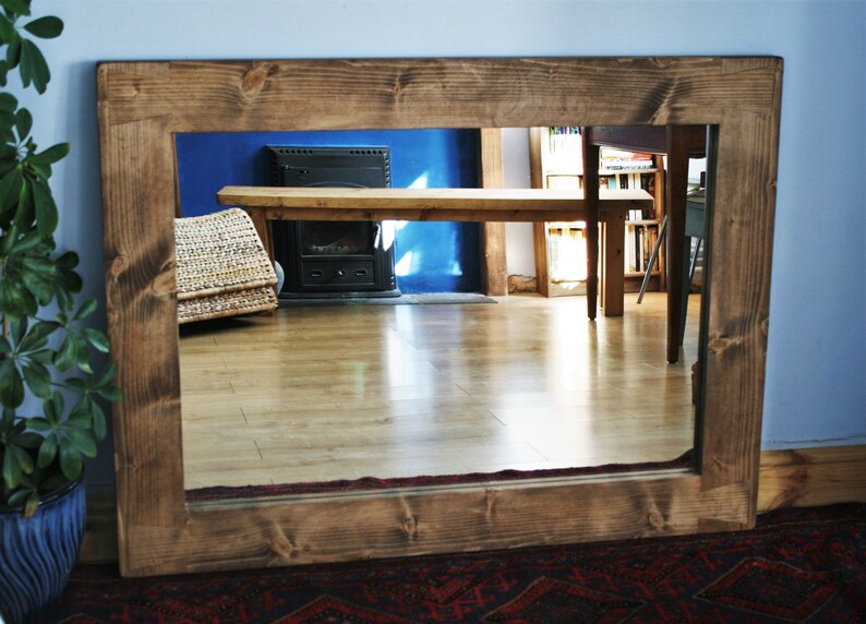 Large Wooden Wall Mirror Chunky Natural Rustic Wood Frame 120 Etsy UK