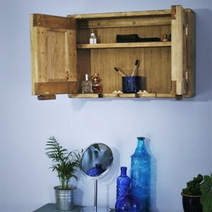 Short wooden bathroom cabinet, rustic medicine wall cupboard 40Hx60Wx14Dcm, 2 doors 2 shelves, farmhouse industrial, custom made Somerset UK image 4