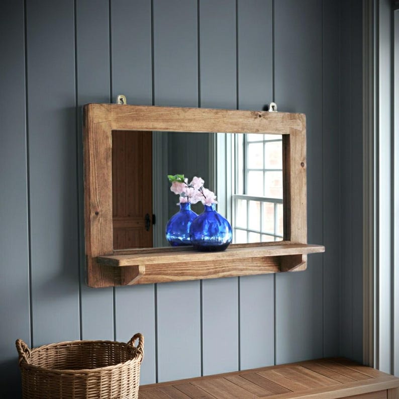large wooden mirror with shelf, rustic hallway, bathroom and salon bedroom dressing mirror with candle shelf, custom handmade in Somerset UK image 1