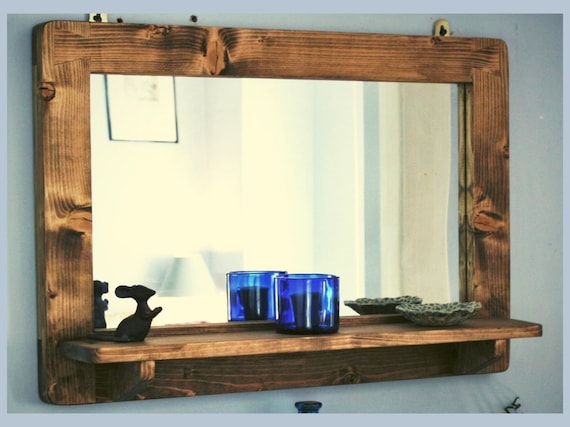 Large Mirror With Shelf in Natural Rustic Wood for Bathroom