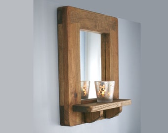 wooden wall mirror with shelf, sustainable natural wood, thick & chunky dark wood candle shelf, modern rustic custom handmade in Somerset UK