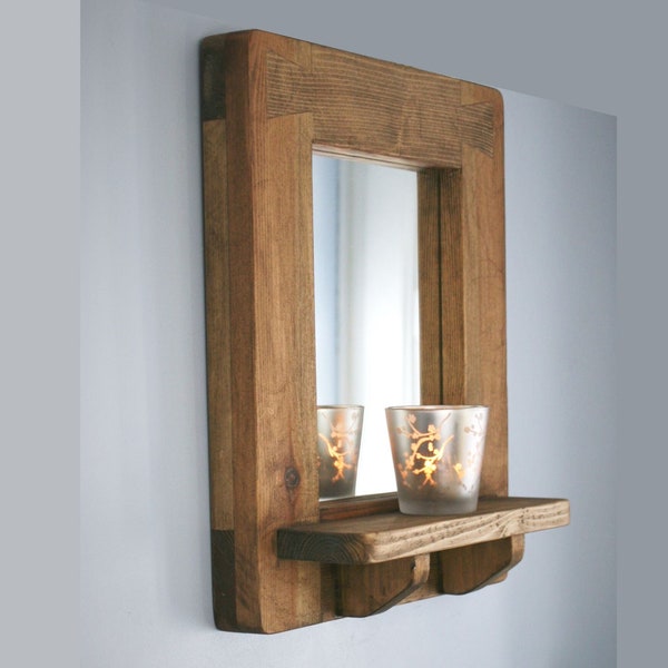 wooden wall mirror with shelf, sustainable natural wood, thick & chunky dark wood candle shelf, modern rustic custom handmade in Somerset UK