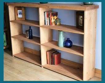 Bookshelves in chunky natural wood, rustic industrial long low bookcase 170 cm W x 100 H x 29 D Handmade in Somerset UK *Not free delivery