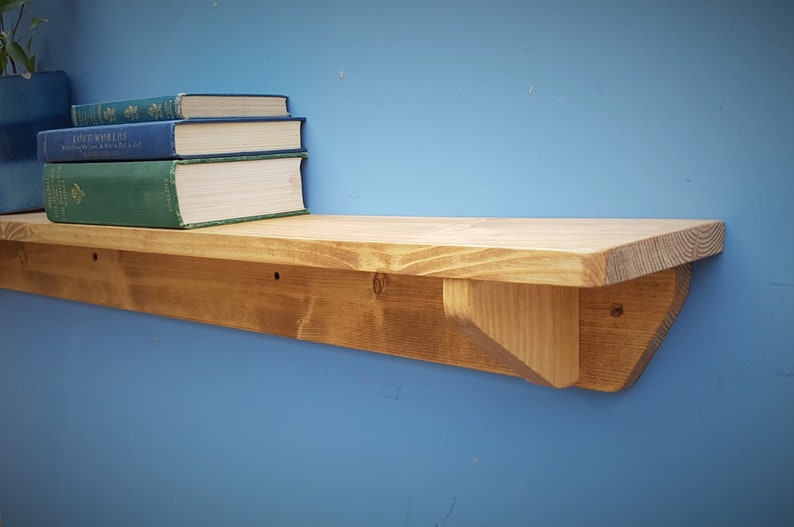 Long wooden wall shelf, natural chunky mantel, single bookshelf 114cm L x 15cm D, farmhouse rustic, industrial, custom handmade Somerset UK image 4