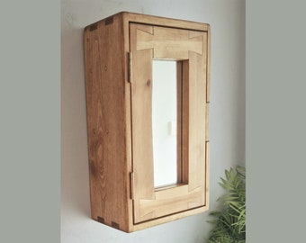 Slim bathroom wall mirror cabinet, over sink medicine vanity, natural wood, with 3 shelves, 1 door, farmhouse rustic industrial, Somerset UK