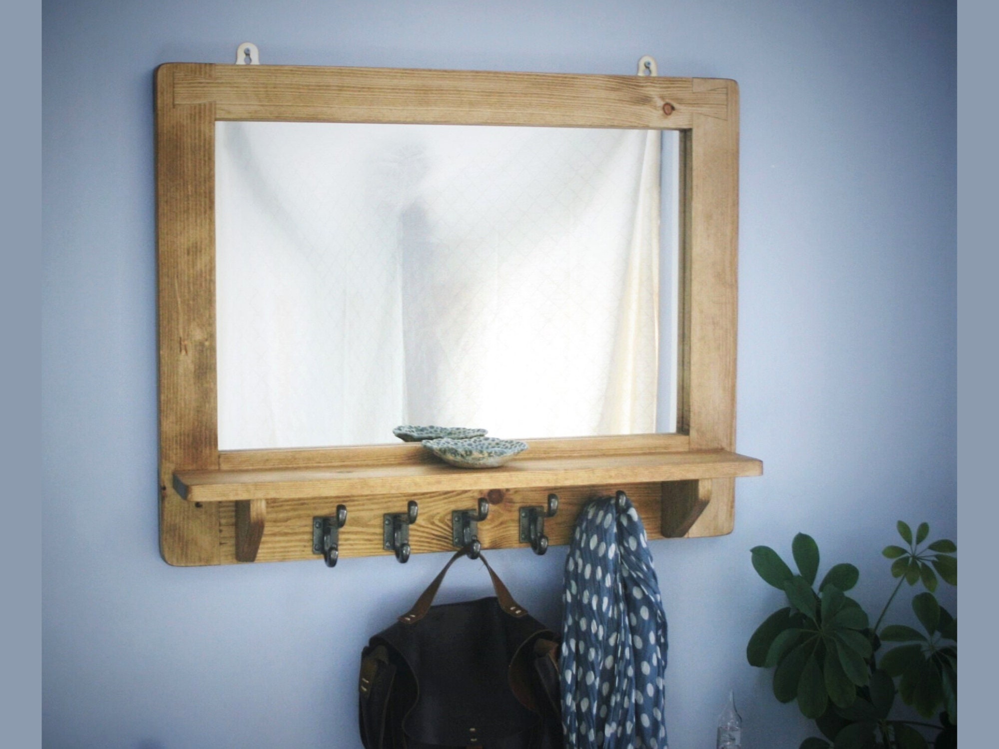 *Beautiful quality handmade rustic style wooden mirror with shelf & coat hooks* 