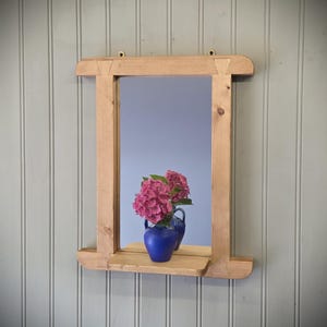 Curved wooden wall mirror with shelf, rustic industrial, arched frame, hallway, bathroom, salon, bedroom 60H x 50W cm, handmade Somerset UK