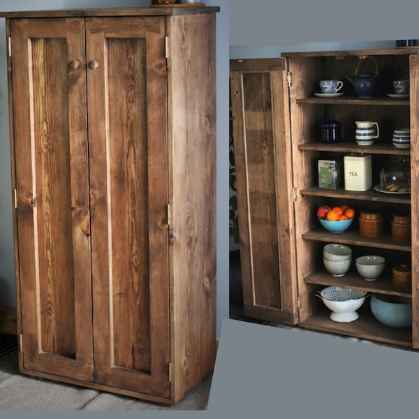kitchen larder utility cupboard, tall rustic pantry cabinet 130Hx68Wx36.5D cm natural wood, custom made Somerset farmhouse UK Not free deliv