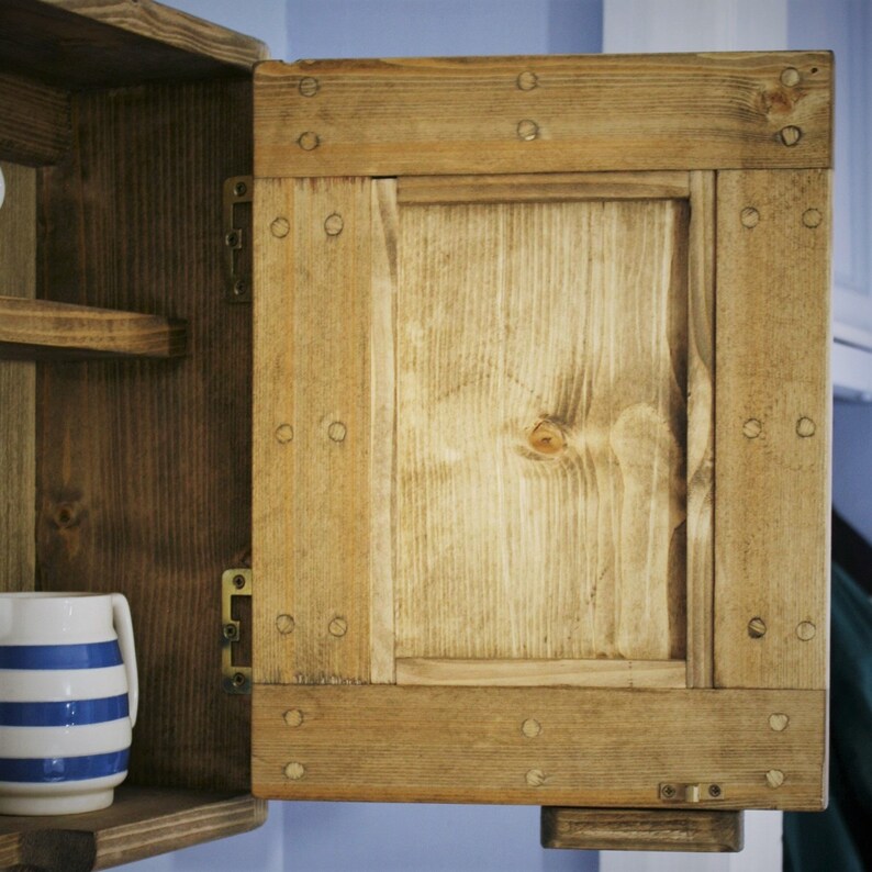 Short wooden kitchen cabinet & wall cupboard with 2 wooden doors, 2 shelves, natural wood, rustic farmhouse, custom handmade, Somerset UK image 7