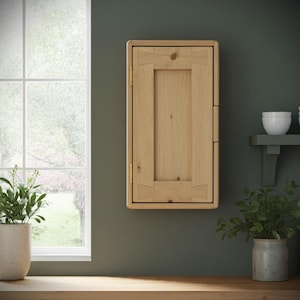 kitchen wall cabinet and slim storage cupboard in natural wood, with 3 shelves, single door, rustic dark wood, cottage style, Somerset UK Light Danish Oil