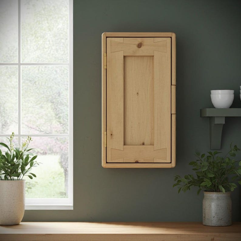 kitchen wall cabinet and slim storage cupboard in natural wood, with 3 shelves, single door, rustic dark wood, cottage style, Somerset UK Light Danish Oil