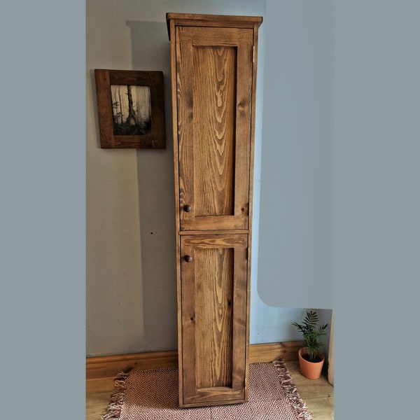 kitchen larder utility cupboard, 190H x 40W x 30D cm tall and slim rustic pantry cabinet natural wood, custom made in Somerset farmhouse UK