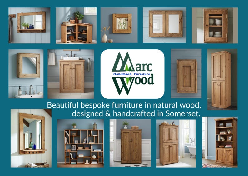 May include: A collage of wooden furniture pieces, including mirrors, cabinets, and shelving units. The furniture is made of natural wood and has a rustic, handcrafted appearance. The image includes the text "Marc Wood Handmade Furniture" and "Beautiful bespoke furniture in natural wood, designed & handcrafted in Somerset."
