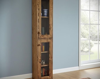 Tall wooden display cabinet, 190H x 40W x 30D cm tall slim rustic glass door cabinet in natural wood, custom made in Somerset farmhouse UK