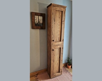 Rustic bathroom linen cabinet 190H x 40W x 30D cm tall and narrow school cupboard, natural wood, cottage farmhouse, custom made Somerset UK