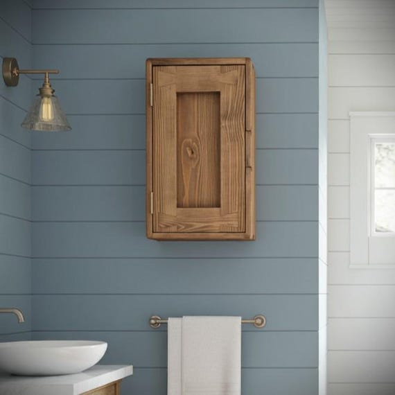 Slim bathroom wall cabinet, over sink medicine cupboard in natural dark wood, with 3 shelves, x1 door, rustic farmhouse from Somerset UK