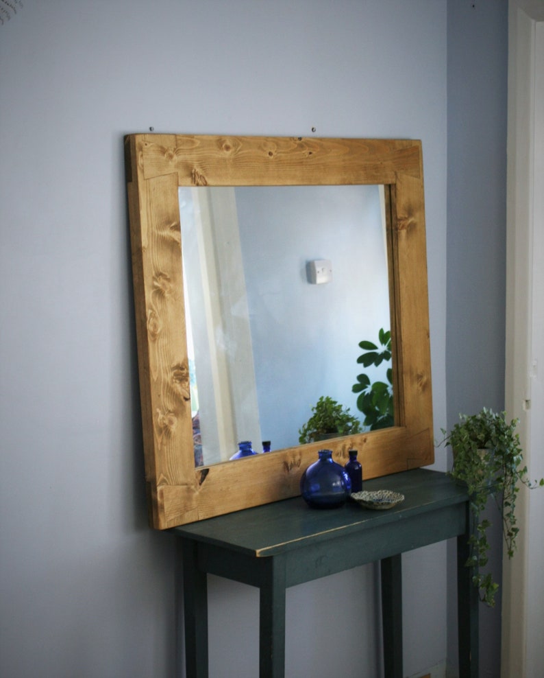Large Wooden Wall Mirror Chunky Eco Natural Wood Frame 100 X 90 Cm Handmade Modern Rustic Country Farmhouse Style From Somerset Uk