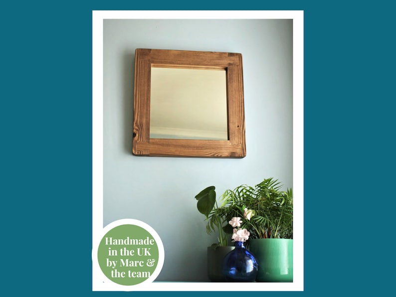 square wall mirror with thick frame in natural rustic wood, small hallway, bathroom, bedroom, industrial, farmhouse style from Somerset UK image 6