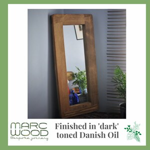 tall wooden mirror, chunky rustic natural frame, hallway, bathroom, bedroom dressing table, narrow 69 x 31 cm, custom handmade Somerset UK Dark Danish Oil