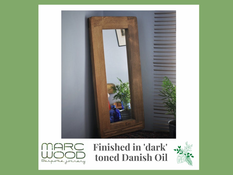 tall wooden mirror, chunky rustic natural frame, hallway, bathroom, bedroom dressing table, narrow 69 x 31 cm, custom handmade Somerset UK Dark Danish Oil