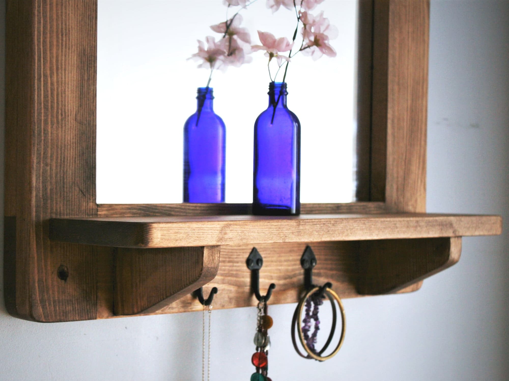 Wooden Mirror With Shelf & 3 Cast Iron Key Coat Hooks 76H X Etsy