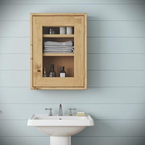 Slim bathroom display cabinet, single glass door, modern cottage rustic wooden over sink medicine cupboard with 3 shelves, from Somerset UK