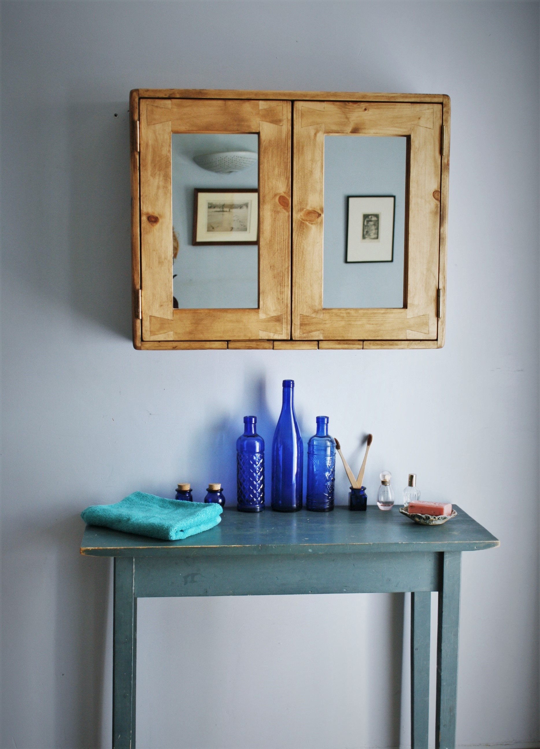 Large Wooden Bathroom Cabinet, Double Mirrored Doors, Natural Wood Medicine  Mirror Cabinet Wide Over Sink Vanity Custom Handmade Somerset UK 