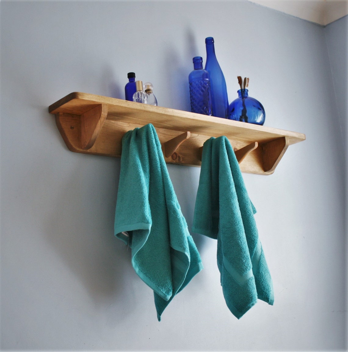 Wooden bathroom wall shelf with hooks 90 cm long 4 wooden Etsy