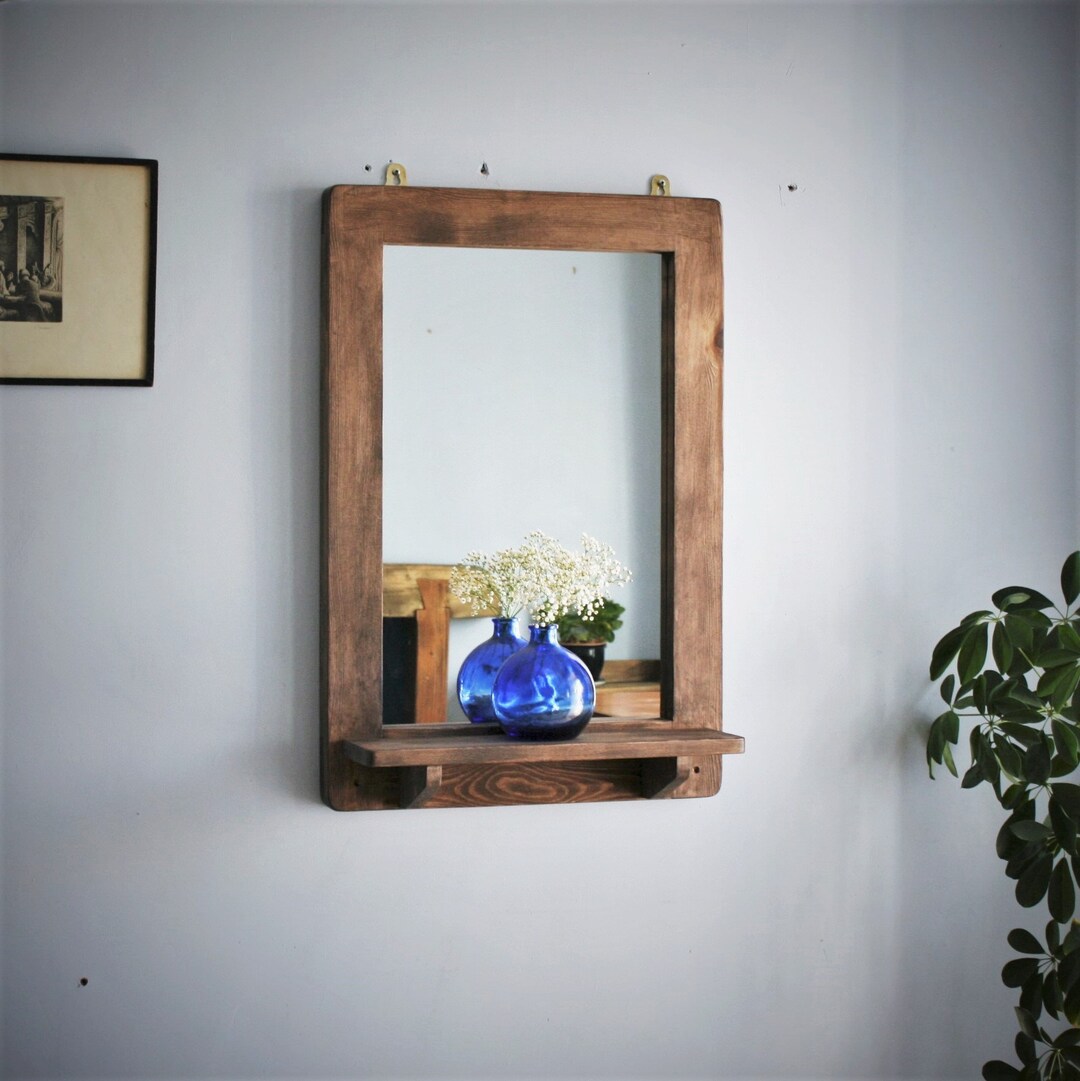 Large Wall Mirror With Shelf in Natural Wood, Tall Candle Shelf ...