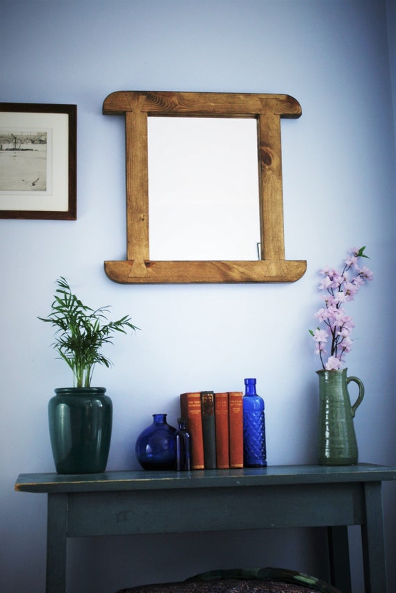 Wooden Wall Mirror Curved Natural Wood Thick Frame 52 X 54 Cm Dark Stain Sustainable Custom Handmade Rustic Farmhouse In Somerset Uk
