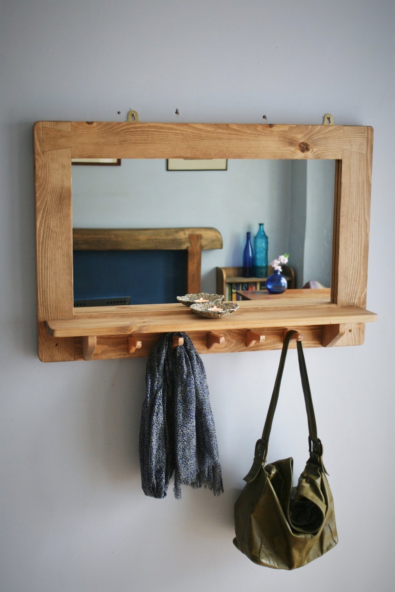 Large Mirror With Shelf 5 Coat Hooks Natural Wood Hallway Etsy UK