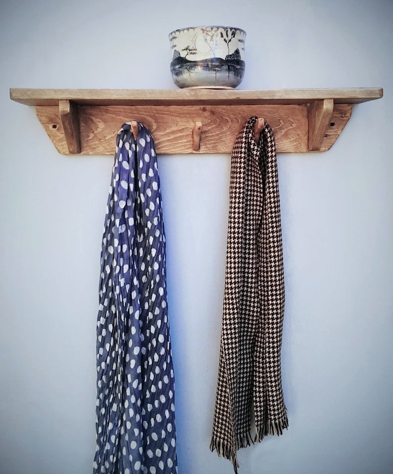 Chunky wooden wall shelf with hooks light natural wood 3 Etsy