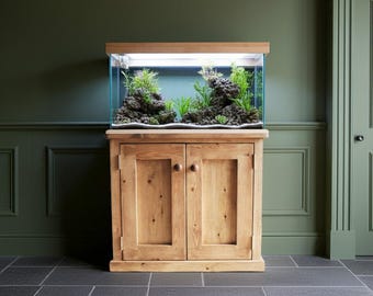 Wooden aquarium cabinet, large fish tank stand with doors & shelf, strong rustic natural wood, custom made in Somerset UK *Not free delivery