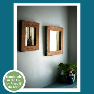 square wall mirror with thick frame in natural rustic wood, small hallway, bathroom, bedroom, industrial, farmhouse style from Somerset UK image 5