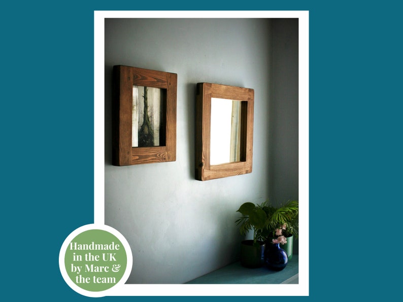 square wall mirror with thick frame in natural rustic wood, small hallway, bathroom, bedroom, industrial, farmhouse style from Somerset UK image 5